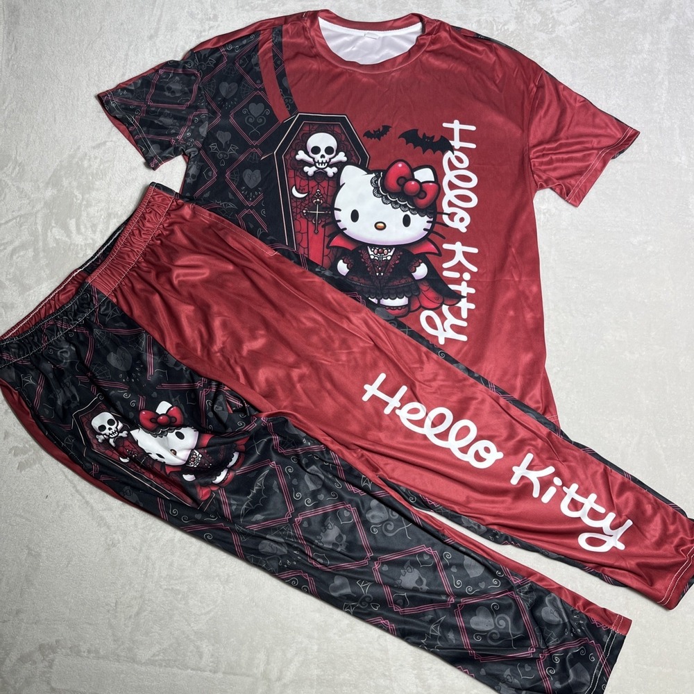 Hello Kitty Set Women Sleepwear LARGE Graphic Print Halloween AOP 100% Polyester